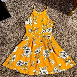yellow black and white floral spaghetti strap dress